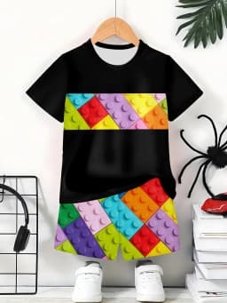 2026 Children's Clothing 3D Colourful Bricks Summer Tops Child Sets Short Sleeve Kids Tracksuit Sets Fashion Boys Kids Clothes