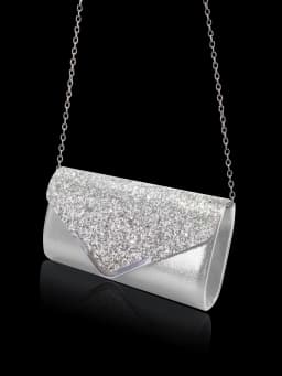Sparkling and luxurious sequined evening clutch for women, paired with a gorgeous rhinestone necklace, earrings and bracelet set