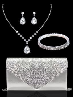 Sparkling and luxurious sequined evening clutch for women, paired with a gorgeous rhinestone necklace, earrings and bracelet set
