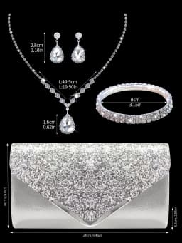 Sparkling and luxurious sequined evening clutch for women, paired with a gorgeous rhinestone necklace, earrings and bracelet set