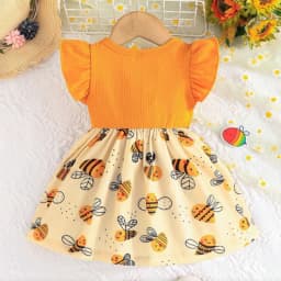 (0-3 Year Old Baby Girl Dress) Summer New Yellow Little Fly Sleeves Cute Bee Children'S Sleeveless Clothes+Bow Headband