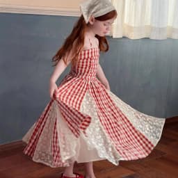 2026 Summer New Children Fairy Long Dress for Girls French Red Checkered Lace Splicing Lace Strap Dress