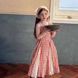 2026 Summer New Children Fairy Long Dress for Girls French Red Checkered Lace Splicing Lace Strap Dress