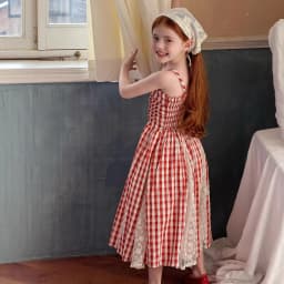 2026 Summer New Children Fairy Long Dress for Girls French Red Checkered Lace Splicing Lace Strap Dress