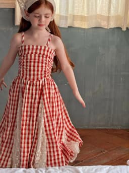 2026 Summer New Children Fairy Long Dress for Girls French Red Checkered Lace Splicing Lace Strap Dress