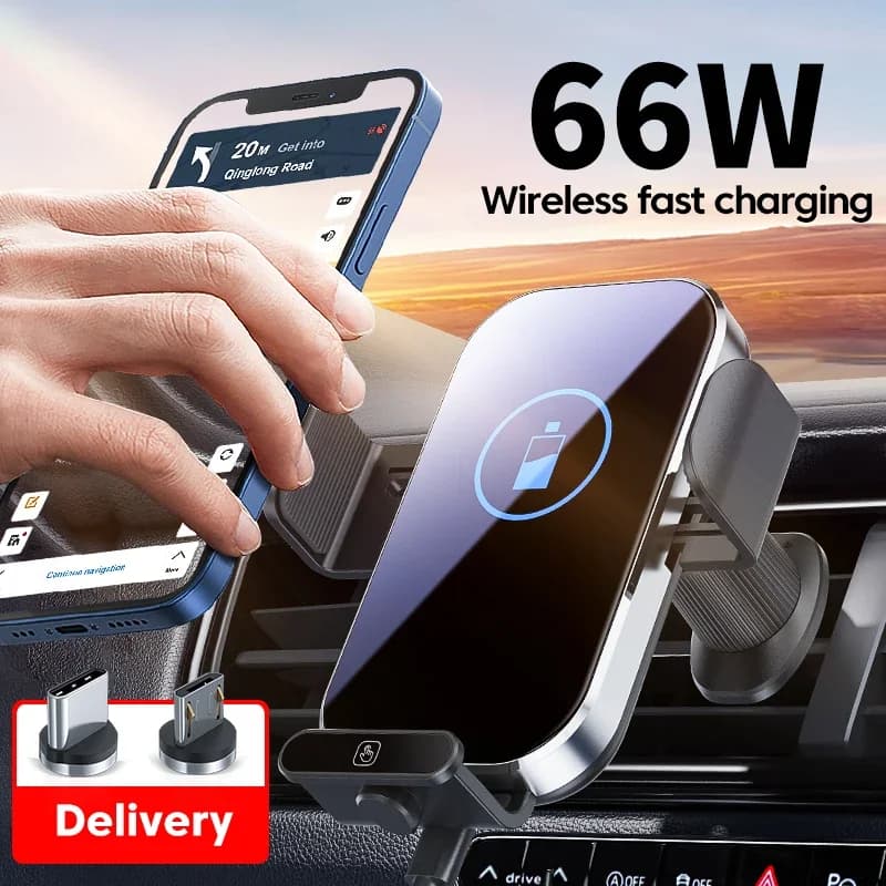 UYUXIO Auto Clamping Wireless Car Charger with LED Light 66W Fast Charging Air Vent Car Phone Holder for iPhone 16 15 14 Pro Max