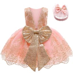 Toddler Girls Lace Bow Dress Backless Princess Dress+Headband Elegant Baby 1st Birthday Party Baptism Infant Wedding Prom Gown