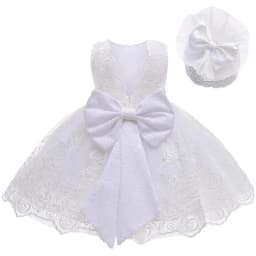 Toddler Girls Lace Bow Dress Backless Princess Dress+Headband Elegant Baby 1st Birthday Party Baptism Infant Wedding Prom Gown