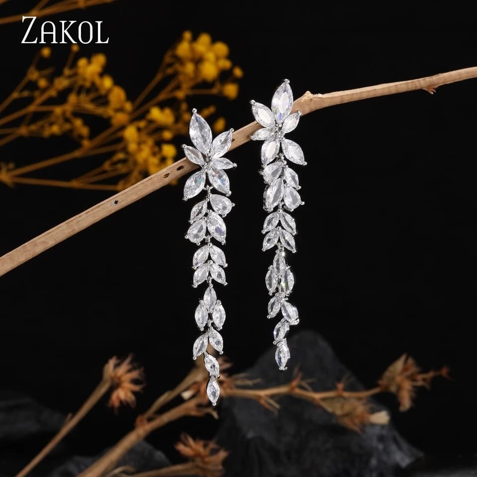 ZAKOL Water Drop Zircon Leaf Shape Bridal Wedding Dangle Earrings For Women Temperament Elegant Party Gift Jewelry Accessories
