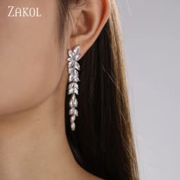 ZAKOL Water Drop Zircon Leaf Shape Bridal Wedding Dangle Earrings For Women Temperament Elegant Party Gift Jewelry Accessories