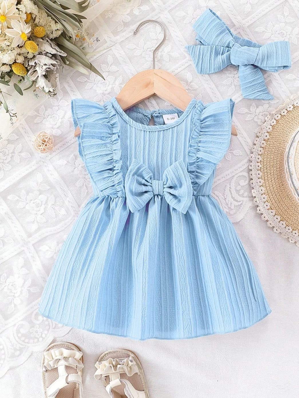 Baby Girl Summer Blue Dress with Ruffled Edges and Bow, Sweet and Cute Style Dress Suitable for 0-3 Year Old Cute Baby Girls