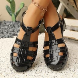 Summer Women's New Flats Sandals, Fashionable Hollow Casual Roman Sandals, Spring and Summer Non-Slip Beach Shoes Crystal Shiny Thick Heel Plastic Pvc Sandals