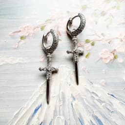 White Zircon Pave Sword Cross Creole Hinged Hoop Earrings Fine Jewelry For Women Men Vintage Gift In 925 Sterling Silver