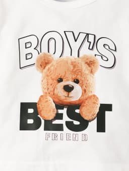 Two Piece Set of Cute Letter Small Bear Printed Khaki Short-Sleeved Round-Neck T-Shirt and Blue Denim Shorts for Baby Boys