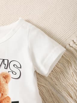 Two Piece Set of Cute Letter Small Bear Printed Khaki Short-Sleeved Round-Neck T-Shirt and Blue Denim Shorts for Baby Boys