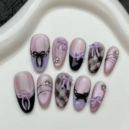 10pcs Purple Cat's Eye Handmade Fake Nails Tips Glitter Mid-length Oval Press on Nails Art Bow Rhinestone Design False Nail Sets