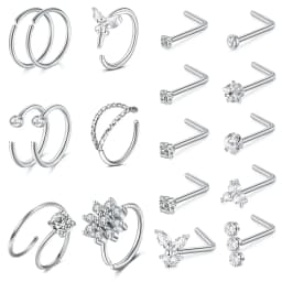 18Pcs Small Open Nose Rings Love Heart Pendant Nose Stud L Shaped Butterfly Flower Stainless Steel Spiral Nose Piercing Jewelry