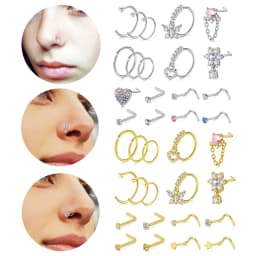 18Pcs Small Open Nose Rings Love Heart Pendant Nose Stud L Shaped Butterfly Flower Stainless Steel Spiral Nose Piercing Jewelry