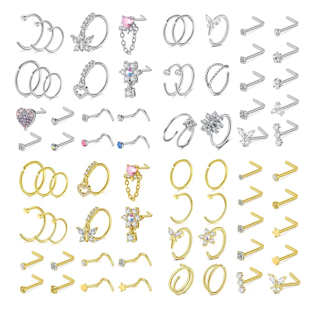18Pcs Small Open Nose Rings Love Heart Pendant Nose Stud L Shaped Butterfly Flower Stainless Steel Spiral Nose Piercing Jewelry