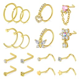 18Pcs Small Open Nose Rings Love Heart Pendant Nose Stud L Shaped Butterfly Flower Stainless Steel Spiral Nose Piercing Jewelry