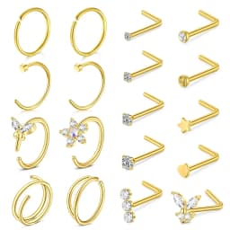 18Pcs Small Open Nose Rings Love Heart Pendant Nose Stud L Shaped Butterfly Flower Stainless Steel Spiral Nose Piercing Jewelry