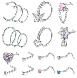 18Pcs Small Open Nose Rings Love Heart Pendant Nose Stud L Shaped Butterfly Flower Stainless Steel Spiral Nose Piercing Jewelry