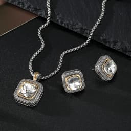 Zircon Necklace Set Geometric Square Pendant Earrings Copper Plated 18K Gold Jewelry Set
