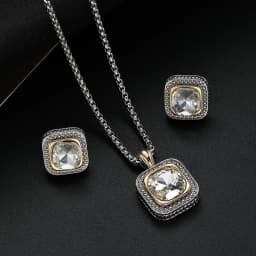 Zircon Necklace Set Geometric Square Pendant Earrings Copper Plated 18K Gold Jewelry Set