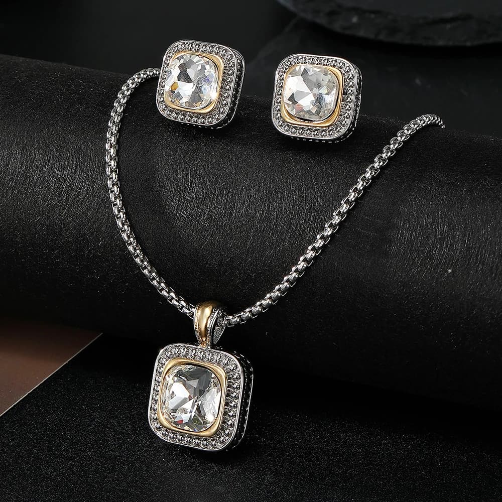 Zircon Necklace Set Geometric Square Pendant Earrings Copper Plated 18K Gold Jewelry Set