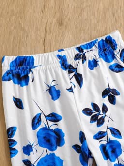 New Arrival Summer Girls Knitted Round Neck Flying Sleeve Tops + Rose Printed Casual Trousers Set 2Pcs