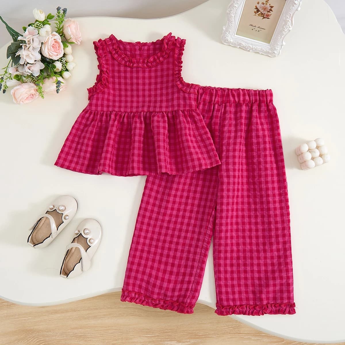 Children's Clothing Sets Retro Plaid Sleeveless Shirt +Flared Palazzo Pants 2pcs Sets Kids Boutique Clothes Baby Girl Outfit Set