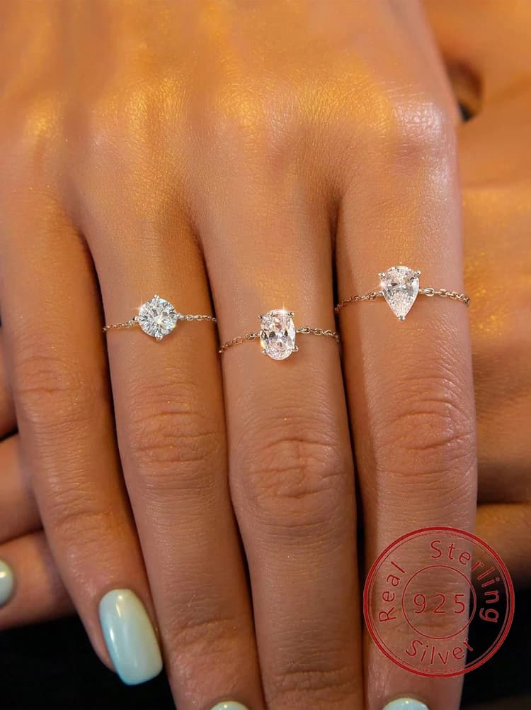 925 Sterling Silver Round Oval Water Drop Shape Zircon Chain Adjustable Ring For Women Anniversary Hight Quality Fine Jewelry
