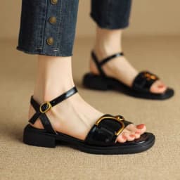 Summer Soft Leather Retro Fashion Sandals Women's Open Toe Single Strap Low Heel Shoes Metal Buckle Roman Shoes 2025