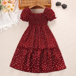 Kids Dress For Girls Red Polka Dot Square-Cut Collar Short Sleeve Elastic-Waist Shirred Patchwork 8-12 Years Summer Sweet Style