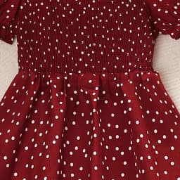Kids Dress For Girls Red Polka Dot Square-Cut Collar Short Sleeve Elastic-Waist Shirred Patchwork 8-12 Years Summer Sweet Style