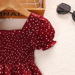 Kids Dress For Girls Red Polka Dot Square-Cut Collar Short Sleeve Elastic-Waist Shirred Patchwork 8-12 Years Summer Sweet Style