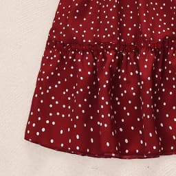Kids Dress For Girls Red Polka Dot Square-Cut Collar Short Sleeve Elastic-Waist Shirred Patchwork 8-12 Years Summer Sweet Style
