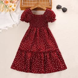 Kids Dress For Girls Red Polka Dot Square-Cut Collar Short Sleeve Elastic-Waist Shirred Patchwork 8-12 Years Summer Sweet Style