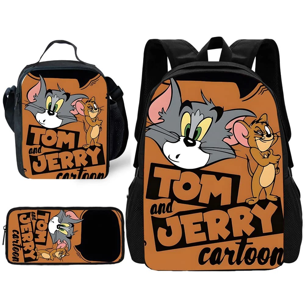 Child School Cartoon Funny T-Toms Backpack with Lunch Bags ,Pencil Bags ,School Bags for Boys Girls Anime J-Jerrys Best Gift