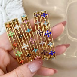 Luxury Bangles Popular Stainless Steel Trendy High Quality Inlaid With Full Zircon Gold Plated Clover Four-leaf Shape Bangles