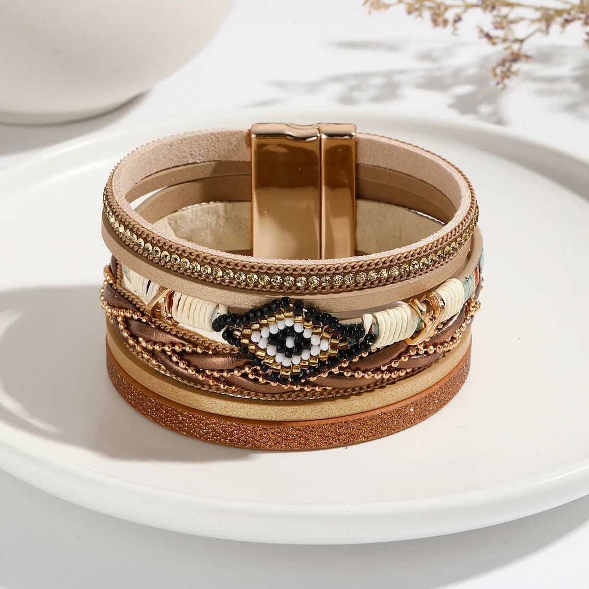 Multilayer Handwoven Leather Bracelet for Women Magnet Buckle Wide Bracelet Rice Bead Woven Devil's Eye Leather Bracelet Bangle
