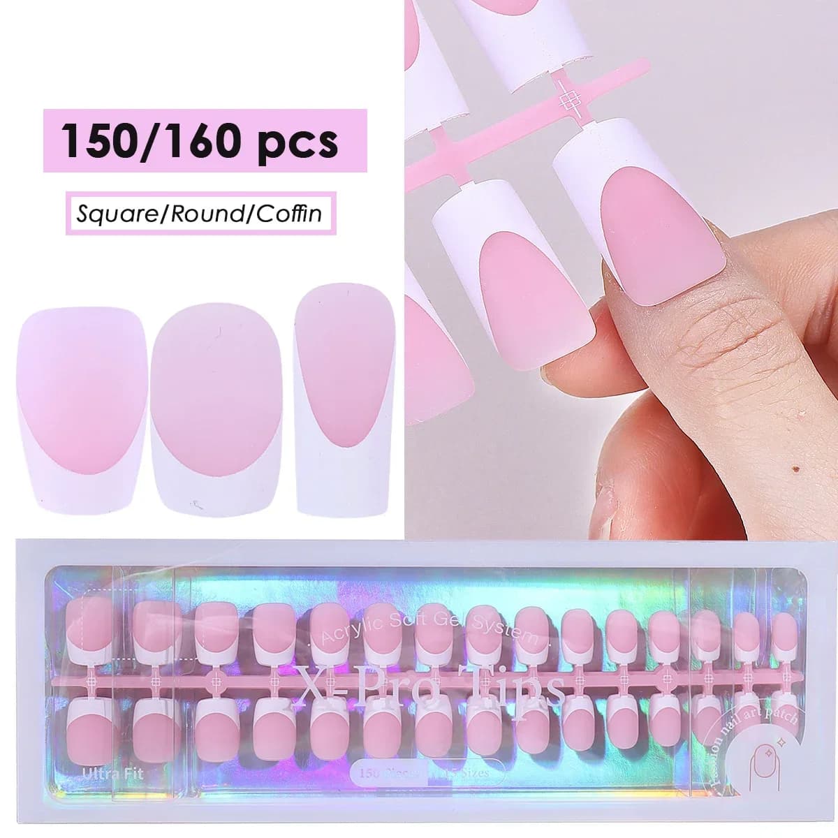 150/160pcs Nude Pinkish Matte Press On Nail Tips Short Square Round Coffin Artificial Fake Nail French Design Frosted Full Cover