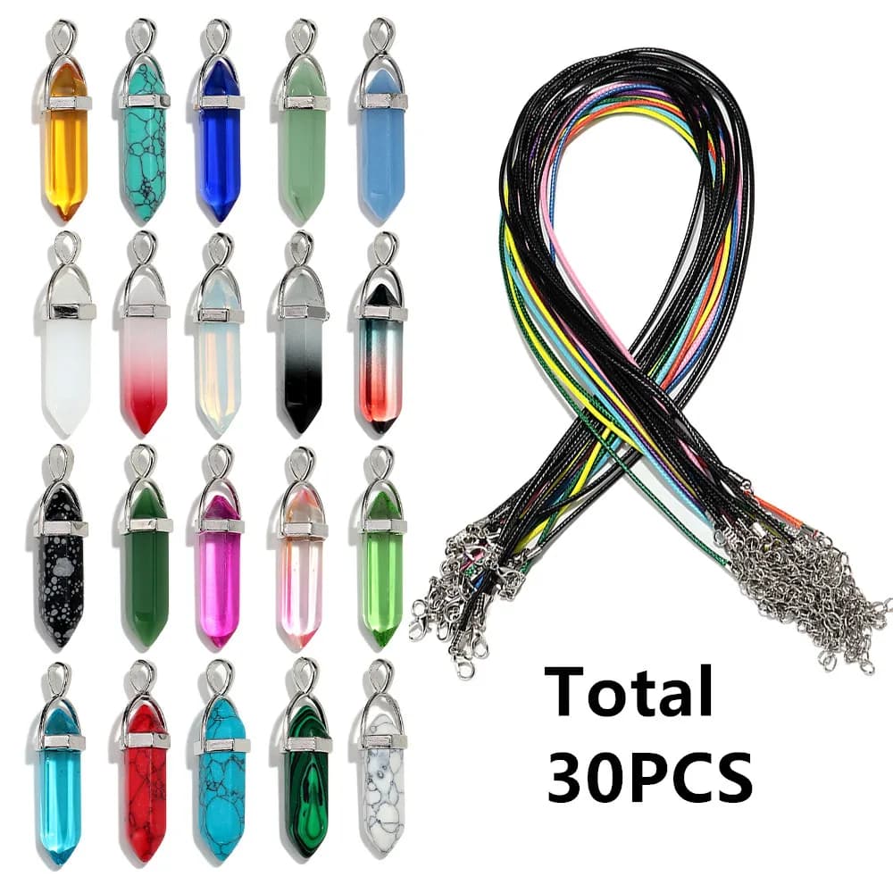 30/40PCS Hexagonal Chakra Synthetic Crystal Pendant Pointed Quartz Stone With Leather Necklace Chain Storage Bag Jewelry Set