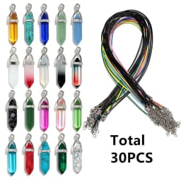30/40PCS Hexagonal Chakra Synthetic Crystal Pendant Pointed Quartz Stone With Leather Necklace Chain Storage Bag Jewelry Set