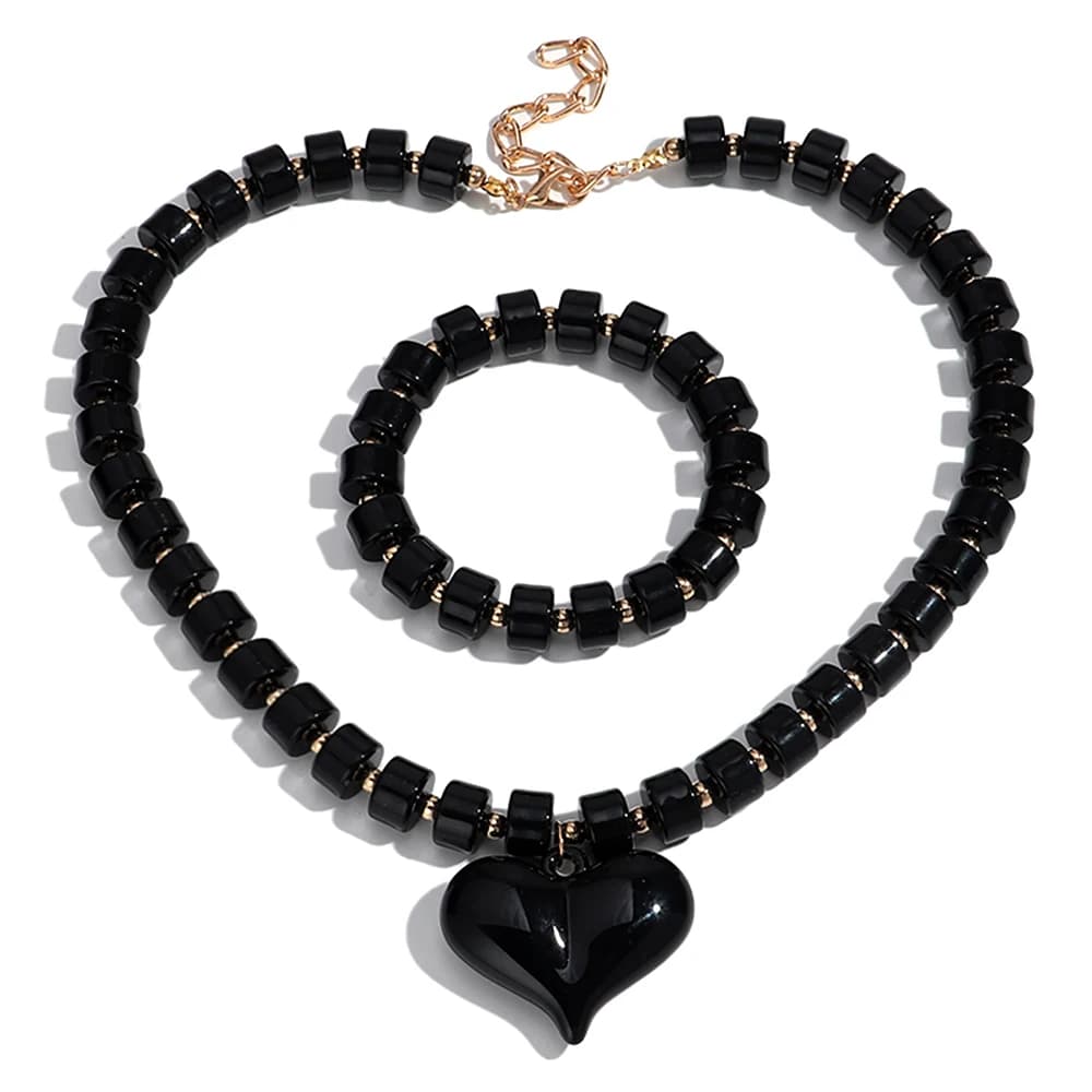 Gothic Acrylic Black Beaded Bracelets Necklace Set for Women Fashion Heart Pendant Choker Necklaces 2025 New Jewelry