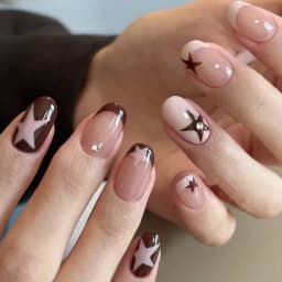 10pcs Handmade Nail Tips Star French Press on Nails with Sticky Tabs Autumn Fake Nails for Women Holiday Prosthetic Nail Set