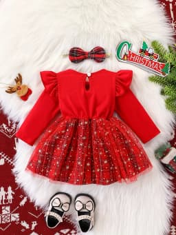 Toddler Baby Girls Christmas Dress Long Sleeve Reindeer Applique Plaid Tulle Skirt Faux Two-Piece Holiday Outfit Red