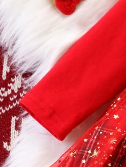 Toddler Baby Girls Christmas Dress Long Sleeve Reindeer Applique Plaid Tulle Skirt Faux Two-Piece Holiday Outfit Red