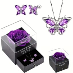 1 Set Elegant Butterfly Pendant Necklace and Earrings with Purple Rose Gift Box for Mother'S Day,Valentine's,Christmas,Birthdays