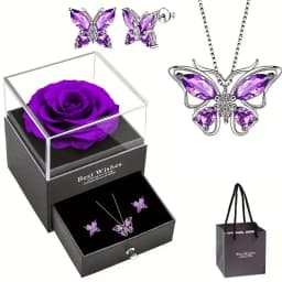 1 Set Elegant Butterfly Pendant Necklace and Earrings with Purple Rose Gift Box for Mother'S Day,Valentine's,Christmas,Birthdays